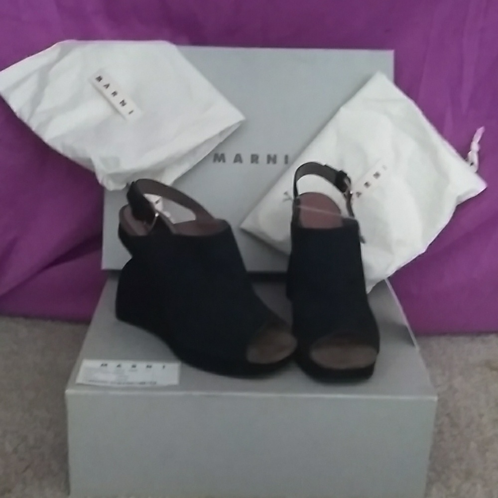 Marni dark Sea green suede wedges.